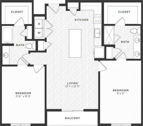 Floor plan for 2 beds, 2 baths, 1239 sqft